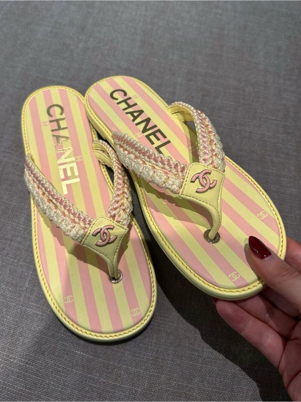 CHANEL Pink & Yellow Braided CC Logo Toe-Post Sandals